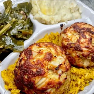 two crab cakes and rice