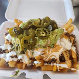 Asda Fries Season fries, Asada, mozarella cheese, chipotle mayo, sour cream, guacamole jalapenos
