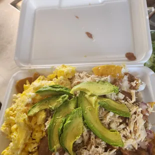 special request! chilaquiles, huevo revuelto, chicken and avocado