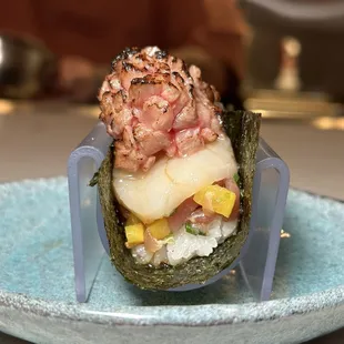 Layered Handroll with Tuna, Scallop, A5 Wagyu