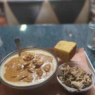 Shrimp and Grits Bowl Collard Greens w/pork Corn Bread