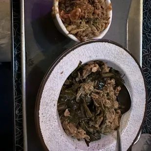 Red beans and rice , pulled pork and collard greens.