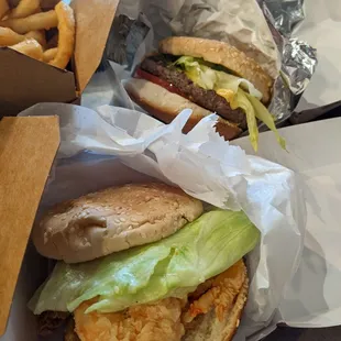 Shrimp burger and hamburger combos