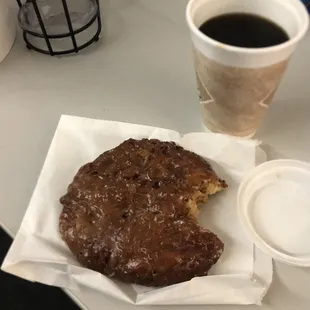 Apple fritter and coffee.