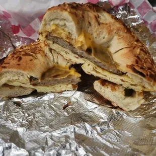 Sausage egg cheese on toasted jalapeño bagel