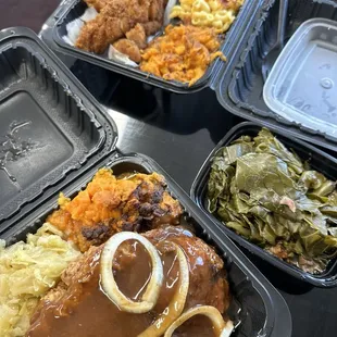 Smothered pork chops, cabbage and yams. Whiting, Yama, MAC, side of collards.