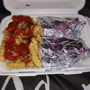 Chicken cheese steak and crinkle cut fries