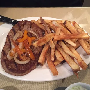 Hamburger steak with fries.. I didn&apos;t get the bun in the photo :(