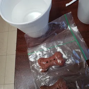 Water + dog treats for Teddy!