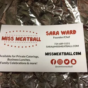 a business card for miss meatball