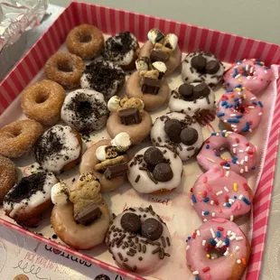 Cinnamon sugar, Oreo, smores, peanut butter cup, pink frosting