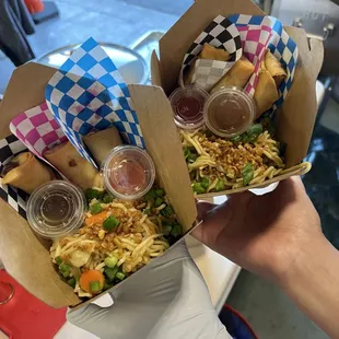 Pancit Canton + 3 piece lumpia with house made soy calamansi sauce &amp; sweet chili sauce included