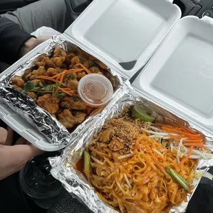 Popcorn chicken and pork pad Thai