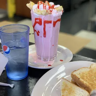 Strawberry banana milkshake and grilled cheese