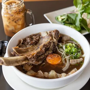 Miss Pho Special with Vietnamese Iced Coffee. Tender beef rib, rare rib eye steak, well-done brisket, meatballs, tendon, tripe, and topped w