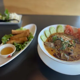 Pork &amp; Shrimp Crispy Taro Rolls with Nam Cham dipping sauce and their signature Pho Sa Te. So delicious, service was above and beyond!