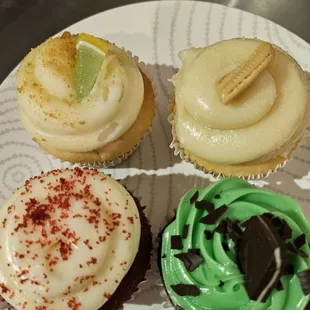 Cupcakes - Key Lime (top left), Vanilla Cookies &amp; Cream (top right), Red Velvet (bottom left), and Mint Chocolate (bottom right)