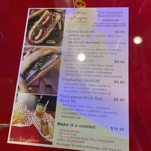 Banh mi menu