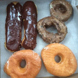 Chocolate long-johns, blueberry, and glazed.