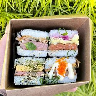 Vietnamese Pork, Longanisa, Spam Tamago, and Shrimp &quot;Ha Gao&quot; Musubis