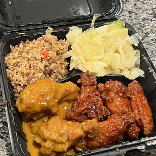 Chicken wing dinner (Carolina Gold and Mumbo Sauce) with Cabbage and Fried Rice