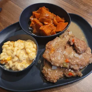 Smothered Pork Chops, mac-n-cheese, and Sweet potatoes...Delish!!!!