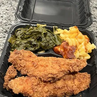 Catfish Dinner with Collard Greens and Mac &amp; Cheese