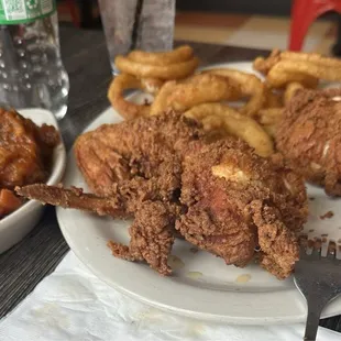 Fried chicken, onion rings, candied yams