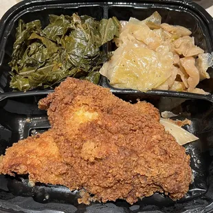 Southern Catfish dinner with collards and cabbage