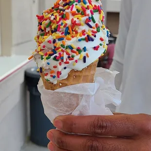 Twist Ice Cream w Rainbow Spinkles in a Waffle Cone.