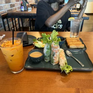 Spring rolls, egg rolls, and Thai iced tea