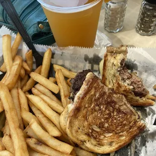 Shock top beer with a delicious patty melt