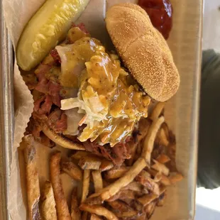 pulled pork sandwich and fries