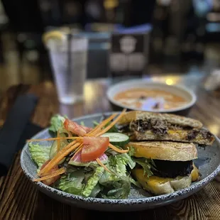 Short Rib Grilled Cheese with Tomato Soup and Side Salad