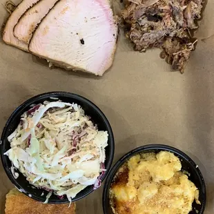 2 meat plate with turkey and pulled pork sides of Mac and cheese and coleslaw