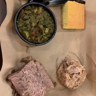 Brisket, pulled pork, cornbread, collards