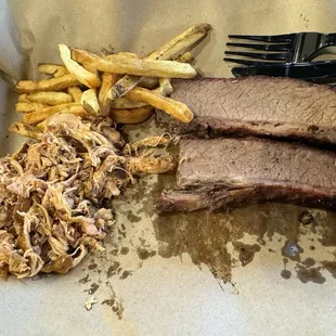 Beef brisket, pulled chicken, and fries!