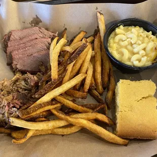 2 Meat Platter - brisket &amp; pulled pork with 2 sides fries and Mac and cheese