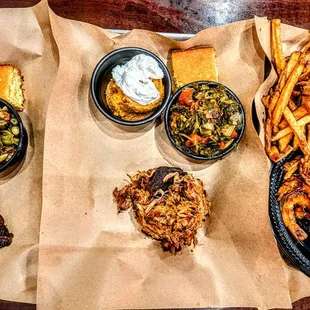 three plates of food on a table