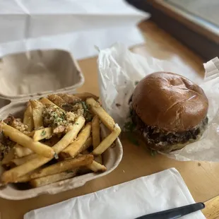 Mushroom and Swiss Burger with Garlic Fries
