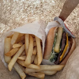 Cheeseburger &amp; large fries to go!