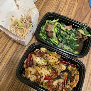 Classic Duck Chow Mein, Thrice Cooked Bacon and Rice Cakes, Broccoli Beef Brisket (after we had our servings)
