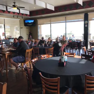 people sitting at tables in a restaurant