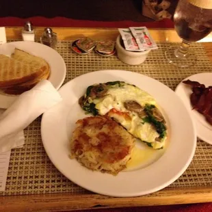 Room service for breakfast: egg white omelet with side of bacon.