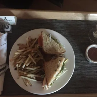 Room service turkey club and fries