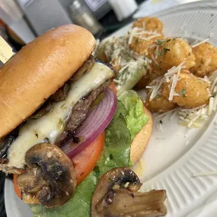 Mushroom Swiss Burger w/garlic tater tots