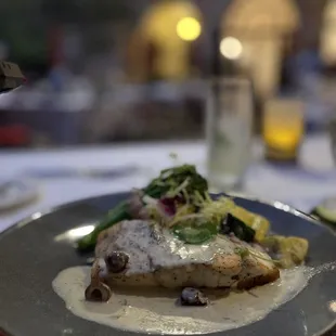 PAN ROASTED BARRAMUNDI FILLET- GARLIC WHIPPED POTATOES, SEASONAL VEGETABLES, OLIVE BUERRE BLANC