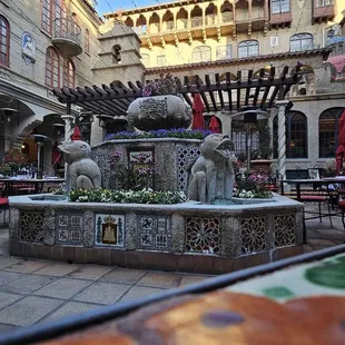 Outdoor seating near the fountain
