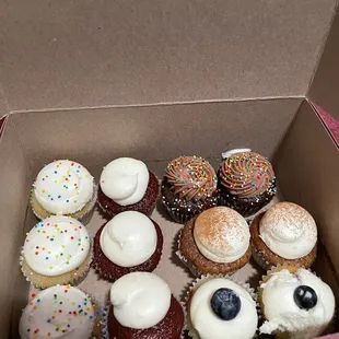 a dozen cupcakes in a box