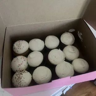 Classic Vanilla with sprinkles, Red Velvet, and Chocolate mini Mixed Dozen Cupcake